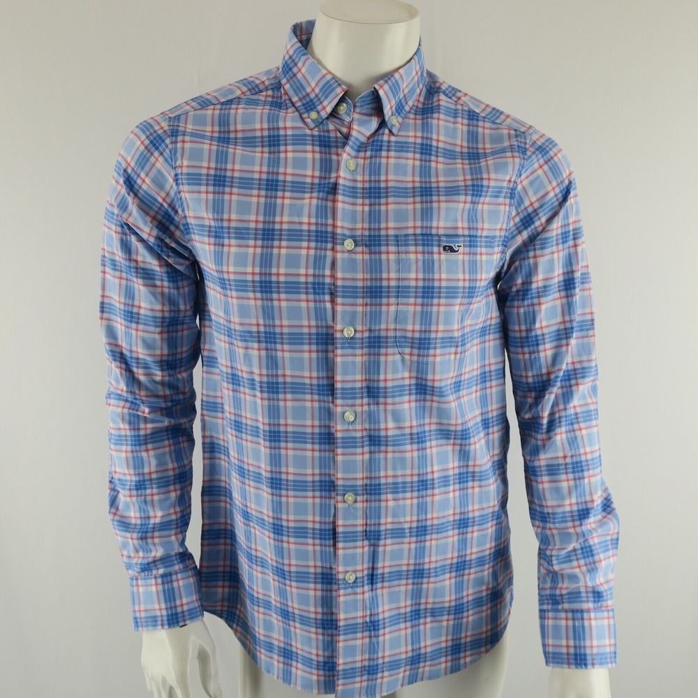 Vineyard Vines On the Go Performance Long Sleeve Button Up Shirt Mens S Blue Red - Picture 1 of 7